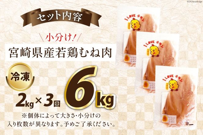 鶏肉 3回 定期便 宮崎県産 若鶏 むね肉 2kg 計 6kg [エム・ティ・シー 宮崎県 日向市 452061365] 小分け むね ムネ肉 胸 冷凍 肉 宮崎