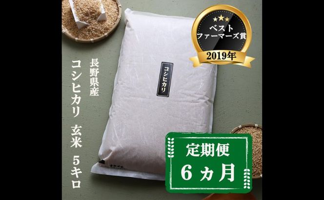 定期便 6ヶ月 ベストファーマーズ賞受賞 コシヒカリ 玄米 5kg 無農薬 無添加 令和8年産 お米 チャック付 チャック 小分け 少量 少量パック 白米 精米 一等米 産地直送 送料無料 長野 定期 6回