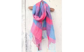 ito to iro 手染め・手織り仕上げ　「ストール」ブルー×レッド・大チェック ファッション小物 