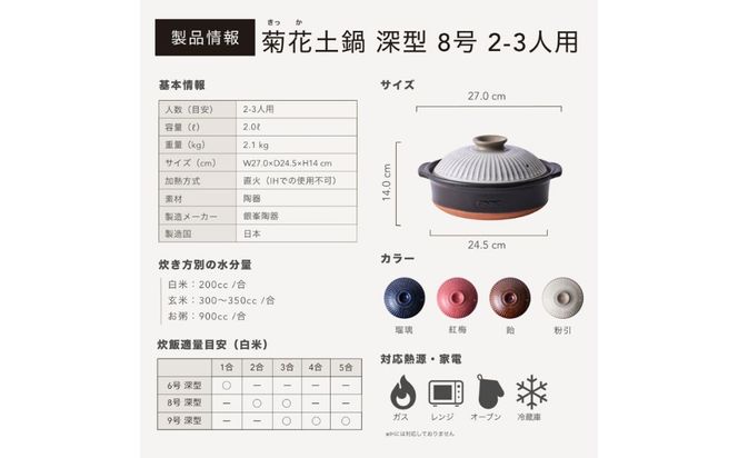 G.M.P【萬古焼（ばんこやき）】菊花 深型土鍋 8号 カラー：粉引【二人用、三人用、二合、2合、3合、秋、冬、おしゃれ、ご飯、ごはん 、家庭用、家族 、家庭、料理、贈り物、直火、レンジ、炊飯、鍋、なべ、スープ、煮物、煮込み、ご自宅、菊花 銀峯 GINPO 三重県 四日市 ふるさと納税】