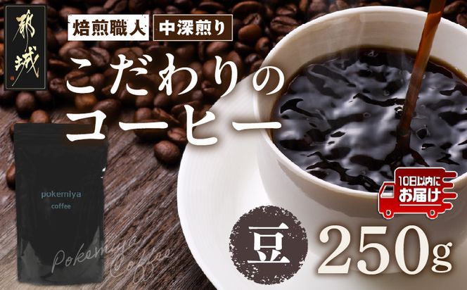 焙煎職人こだわりのコーヒー【豆】250g 小分けパック(ジッパー・バルブ付) ※中深煎り※ポスト投函≪みやこんじょ特急便≫_LA-3303-Q _(都城市) コーヒー豆 250g×1パック 少量パック 保存に便利 ポスト投函 珈琲 選べる コーヒー インドネシア ブラジル コロンビア 宮崎県 都城市