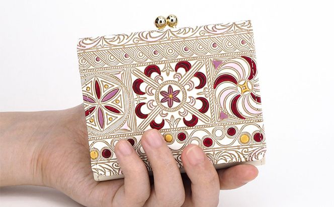 【文庫屋大関】三つ折りミニ財布　錦紗（ピンク）【皮革工芸品】 ファッション 小物 民芸品 お札 カード 小銭 手のひらサイズ コンパクト 大人かわいい 牛革 手作り 国産 