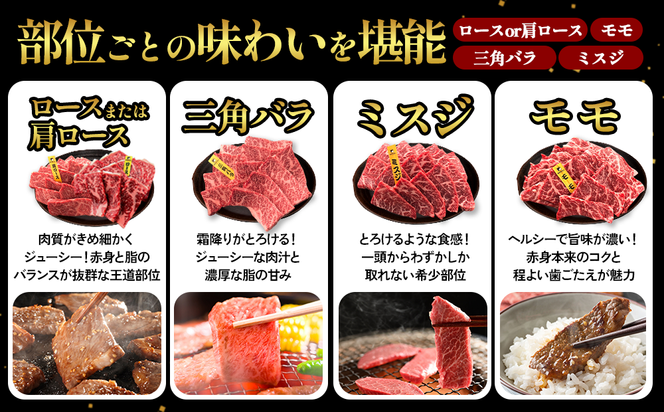 宮崎県産 黒牛 焼肉 赤身 牛肉 焼肉セット ロース 肩ロース 三角バラ ミスジ モモ 4点盛り 1,120g(280g × 4パック)焼肉用 肉 お肉 牛 国産牛 食べ比べ セット 小分け 真空パック  冷凍 贈答 贈答用 ギフト BBQ アウトドア キャンプ 国産 国産牛 九州 宮崎県 えびの市 送料無料