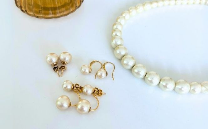GL014コットンパール「キスカ」シンプルショートネックレス(金具ゴールド)とピアス３点セット