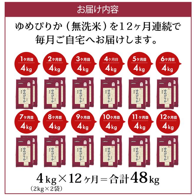 12ヵ月 定期便 (無洗米4kg)ホクレンゆめぴりか(無洗米2kg×2袋)袋はチャック付 米 お米 白米 ごはん ご飯 ライス 和食 炭水化物 主食 おにぎり お弁当  [JA新おたる] 