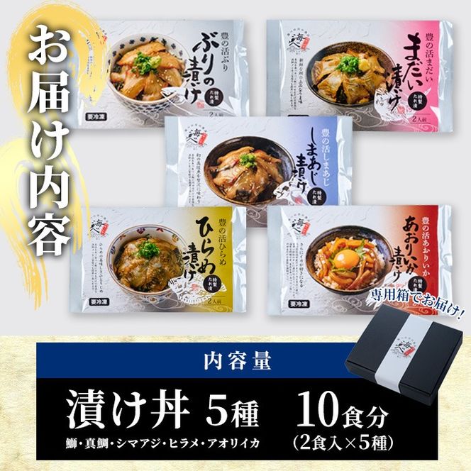 漬け丼 5種セット (計10食分・2食入×5種) りゅうきゅう あつめし 魚介 鰤 ブリ 真鯛 タイ シマアジ アジ ヒラメ 鮃 アオリイカ イカ 冷凍 海鮮 海の直売所 大分県 佐伯市【AS147】【海べ (株)】