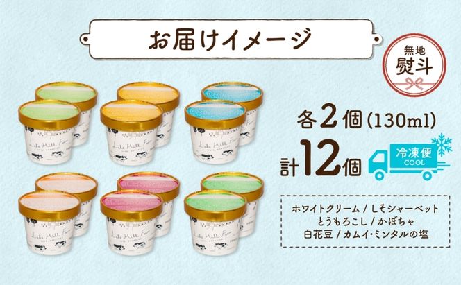 無地熨斗 北海道 まきばのジェラート 6種  各2個 計12個 セット ジェラート ミルク 赤しそ カムイミンタルの塩 とうもろこし かぼちゃ 白花豆 アイス 牛乳 お取り寄せ グルメ ギフト 送料無料 熨斗 のし 名入れ不可