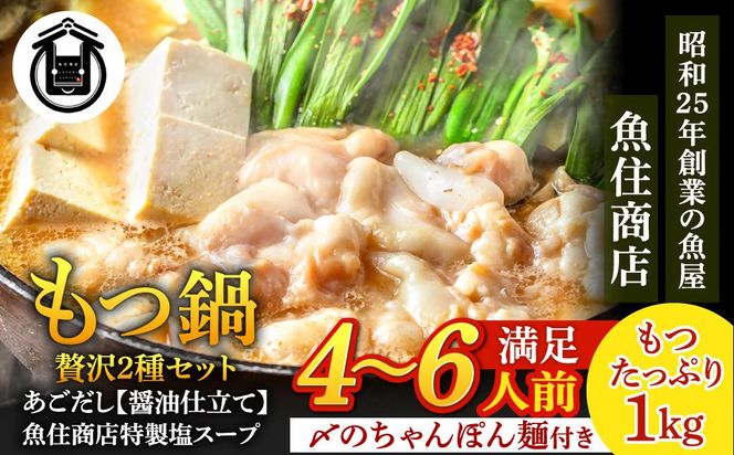 塩＆あごだし醤油 贅沢もつ鍋2種セット《たっぷりもつ1kg入り》【魚住商店】_HA1682 4～6人前 チャンポン麺付き モツ鍋 鍋 ホルモン もつ もつ鍋 塩もつ鍋 塩モツ鍋 あご出汁醬油 出汁つき 小分け 冷凍 福岡県宗像市 宗像市 福岡 宗像