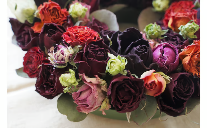 【2026年敬老の日】＜地産地消＞バラづくしの華やぎドライフラワーリース 4色以上のバラを使用 壁掛け可能 インテリア プレゼント 贈り物 敬老 H092-069