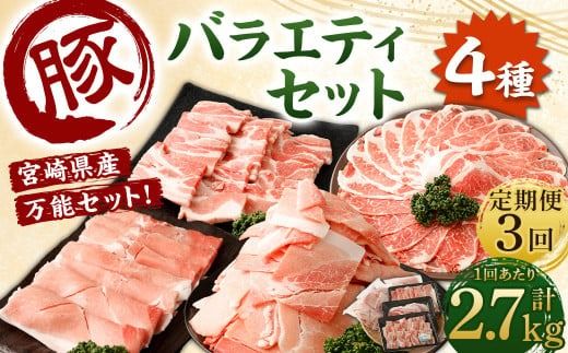 ＜【3回定期便】宮崎県産豚 バラエティセット 計2.7kg＞お申込みの翌月下旬頃に第一回目発送（12月は中旬頃）【c1441_mc】 バラエティセット 4種 合計8.1kg 豚バラ焼肉 豚ロースor肩ローススライス 豚モモスライス 豚小間切れ 豚ロース 肩ロース 豚肉 豚 肉 精肉 料理 宮崎県産 宮崎県 宮崎 みやざき 高鍋町 定期便 冷凍