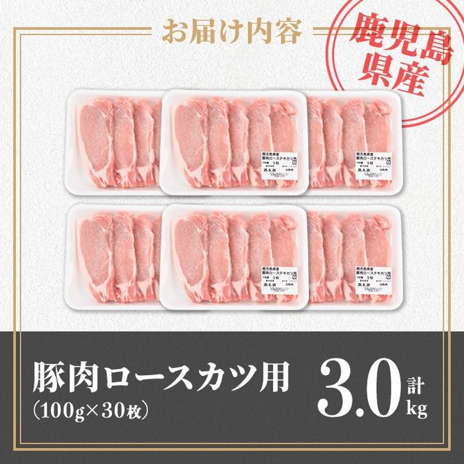 isa708 鹿児島県産 豚肉ロースカツ用30枚セット(計3kg) 鹿児島県産 豚 ブタ ぶた 豚肉 肉 ロース とんかつ ポークステーキ トンテキ 冷凍 【TRINITY】