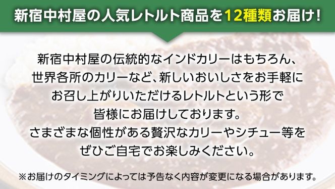 【 定期便 全3回 隔月 お届け 】 新宿 中村屋 レトルト 食べ比べ セット ( Aセット 12種 ) 人気 詰合せ 洋食 時短 カレー インドカレー ビーフカレー 欧風カレー 数量限定 贈答品 保存用 ストック用 非常用 老舗 電子レンジ 調理可 [DM004us]