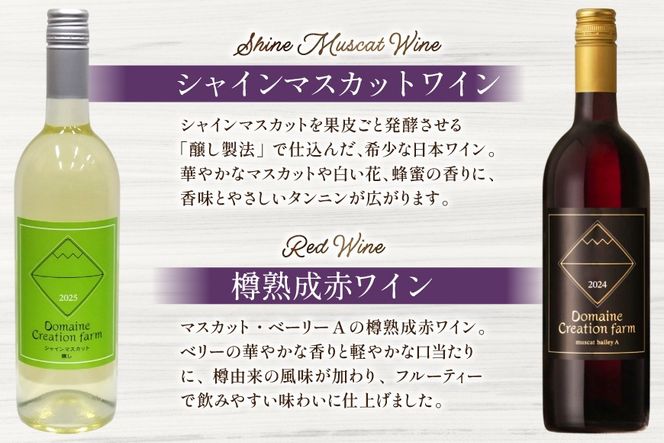 ワイン シャインマスカット醸しワイン 樽熟成赤ワインセット 750ml x 2本 [Creation farm 山梨県 韮崎市 20745402] 飲み比べ 飲み比べセット 山梨 ワイン わいん wine シャインマスカット 赤ワイン 赤 お酒 酒 甘口 洋酒