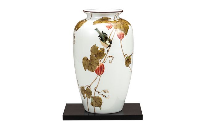 九谷焼　10号花瓶　鳥にからす瓜（台付）山田龍山 a05 