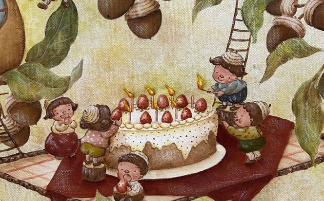 【一点物】絵画「どんぐり村のバースデーパーティー」 糸島市 / 工房はーべすと[AYA080]