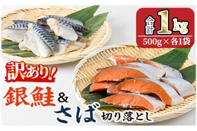 ＜訳あり＞ 無塩 銀鮭と骨取りサバの切り落としセット(合計1kg・500g×各1袋) 無塩 小分け 切り身 鯖 さば 骨なし 骨取り済 さけ 鮭 しゃけ  鮭切身 カット済 簡単 魚 海鮮  お弁当 おかず 【KI-25】【イチマル食品加工】