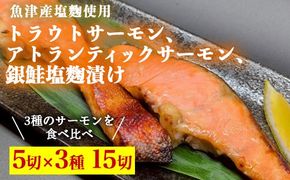 トラウトサーモン、アトランティックサーモン、銀鮭、塩麹漬け各5切ずつセット ※北海道・沖縄・離島への配送不可