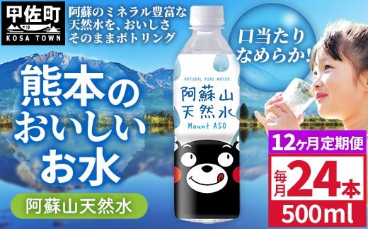 【定期便12ヶ月】熊本のおいしいお水 阿蘇山天然水 500ml×24本（1ケース）（共通返礼品・御船町） - 天然水 水 飲料水 ミネラルウォーター 箱買い まとめ買い ペットボトル 飲料 ウォーター 軟水 防災グッズ 防災 備蓄 ローリングストック ストック 熊本県