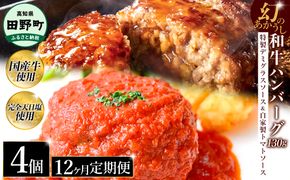 幻のあかうし和牛ハンバーグ 4個入り 12ヶ月定期便 1個130g 特製デミソース トマトソース付き 田野屋青蜂 白鯆 完全天日塩練り込み 肉 お肉 国産牛 おかず おいしい お取り寄せ 冷凍 配送 高知県 田野町