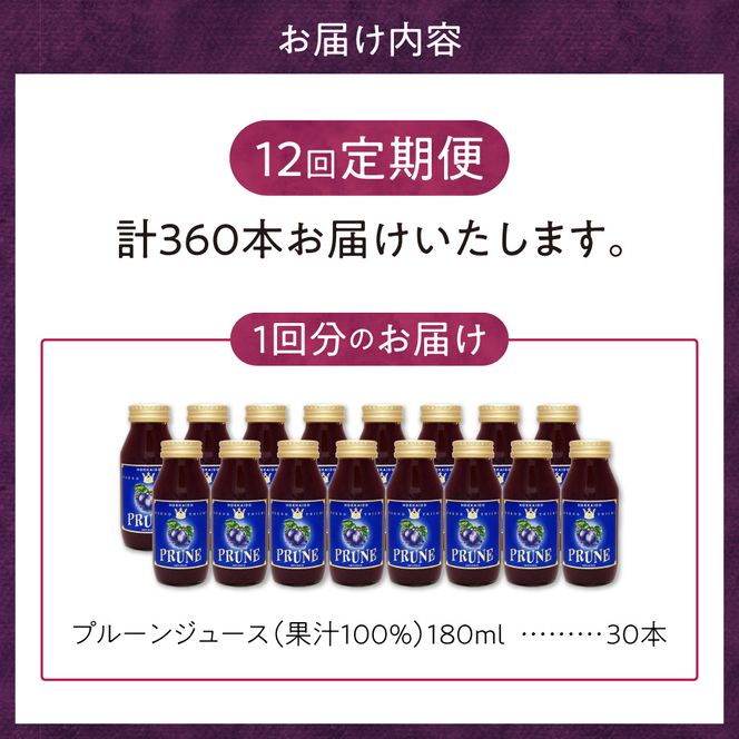 【定期便12回】余市産 無添加 プルーン果汁100％ジュース 180ml×30本セット_Y018-0053