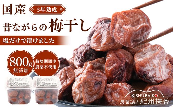 規格外品 無添加 栽培期間中農薬不使用 昔ながらの梅干し 紀州南高梅 塩のみで漬けたすっぱい梅干し 800g（400gパック×2個）塩分約23% 3年熟成品 N20-K ［KU8］ 303446_ED90007