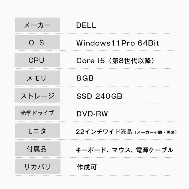 再生中古パソコン DELL製デスクトップ 22インチモニタセット