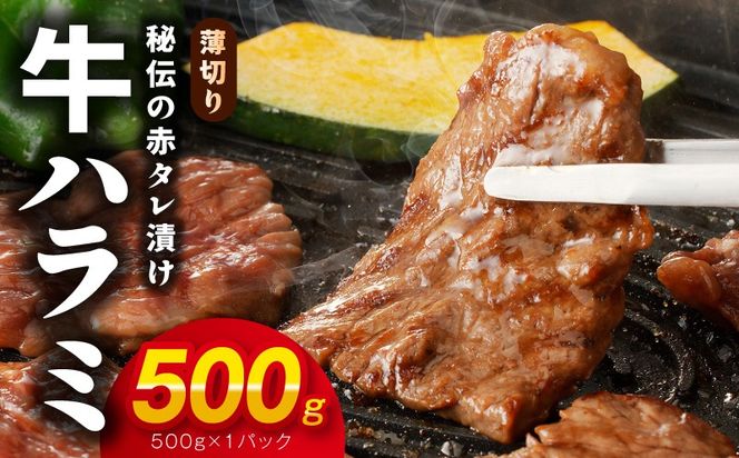 005A760 【お試し】牛ハラミ肉 500g 薄切り スライス 小分け 訳あり サイズ不揃い 秘伝の赤タレ漬け 焼肉 牛肉