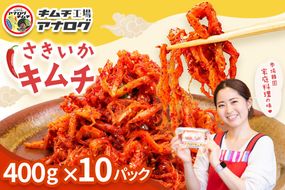 熟成秘伝のさきいかキムチ(400g×10パック)【本格いかキムチ 国産素材 発酵グルメ 手作り風 ご飯のお供 お酒のお供 食べきりサイズ 九州産 ご当地グルメ 秘伝タレ 熟成海鮮キムチ やみつき】(H104244)