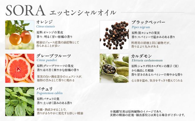 木々之重 SORA エッセンシャルオイル 10ml アロマスプレー 50ml セット アロマオイル アロマグッズ 香り 精油 天然由来 オレンジ グレープフルーツ カルダモン パチュリ ブラックペッパー ホーウッド スパイス 気分転換 スッキリ 癒し 贈答 プレゼント