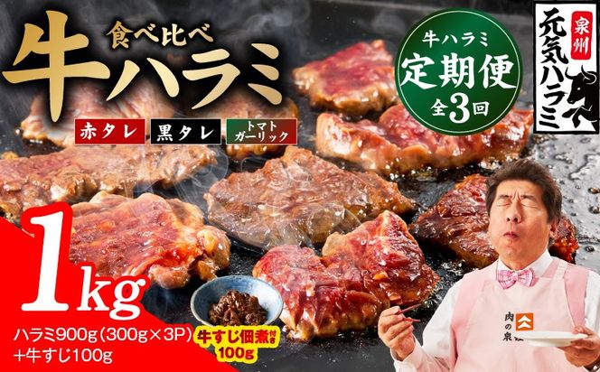099Z585 【食べ比べ定期便】牛ハラミ 1kg×全3回【牛肉 はらみ 小分け 焼肉 お弁当 BBQ 訳あり ワケアリ わけあり サイズ不揃い 規格外 TVで話題】