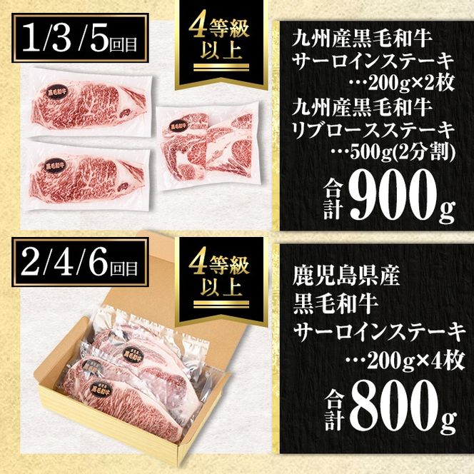 isa642 【定期便6回】黒毛和牛ステーキ定期便(合計5.1kg) 真空包装 真空パック リブロース サーロイン ステーキ 牛 うし 牛肉 アウトドア 食べ比べ BBQ 冷凍 【サンキョーミート株式会社】