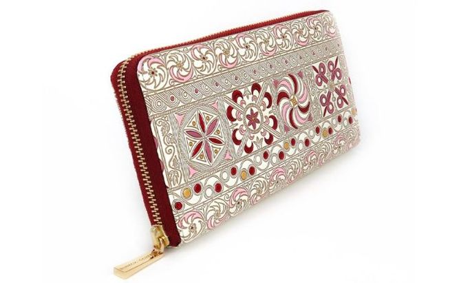 【文庫屋大関】 大容量　ぐるっとファスナーの長財布　錦紗＜ピンク＞【皮革工芸品】 ファッション小物 民芸品 