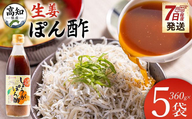 ポン酢 生姜ぽん酢 360ml×5本 【7日程度で発送】 早い スピード発送 7日程度 早く 届く 生姜 ジンジャー ぽん酢 ポン酢 柚子 ゆず ドレッシング 料理 調味料 和食 辛味 風味 手軽 便利 刻み生姜 国産 特産品 黄金しょうが しょうが ショウガ 高知県産 坂田信夫商店 高知県 香南市 常温 Xnb-0016