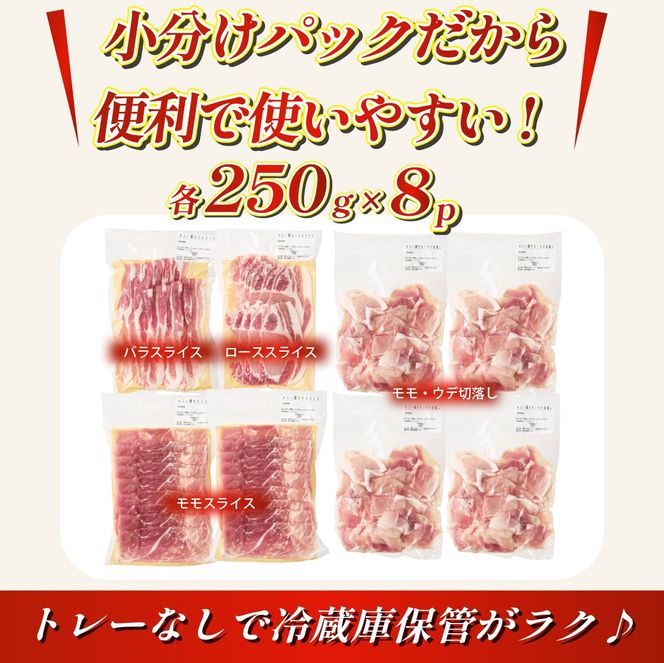 【ボリューム満点！】ホエー豚スライスと切落しの大満足お楽しみセット 2kg（国産 豚肉 小分け 2㎏ 豚バラ 豚ロース しゃぶしゃぶ 豚バラスライス 豚 宮崎 小林市 人気 冷凍）