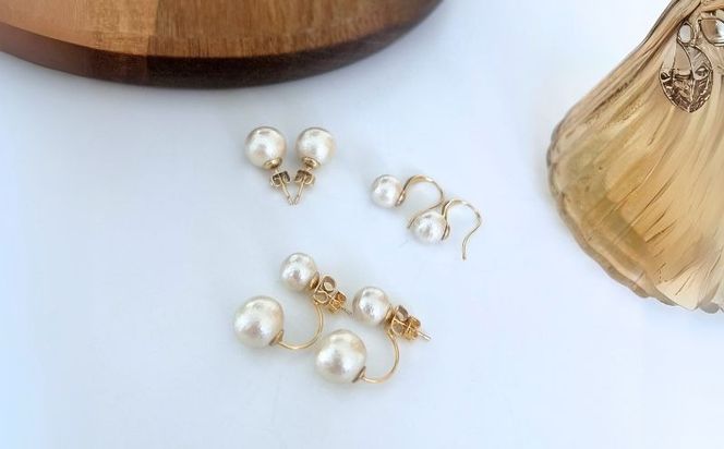 GL008コットンパール「キスカ」ピアス３点セット(ゴールド)