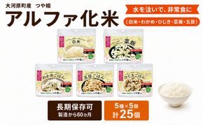 宮城県大河原町産つや姫のアルファ化米 100g 5種×5袋 計25袋 バラエティセット 白米 菜飯 五目 ひじき わかめ お米 長期保存 非常食 アルファ米 ご飯 ごはん 防災食 備蓄 保存食 常温 つや姫