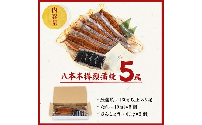 【数量限定】国産 八本木樽鰻の蒲焼(160g以上×5尾)  b5-192