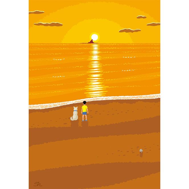 湘南・茅ヶ崎で描く、海を感じるイラストアート 『 湘南ランドスケープ07：夕焼け、光の道 』　キャンバスアートパネル（小） /絵画 風景 犬 猫