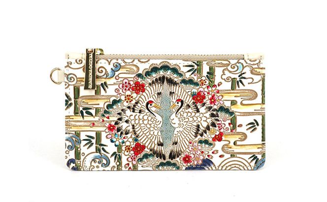 【文庫屋大関】すっきりカードケース　むかい鶴【皮革工芸品】 ファッション小物 雑貨 フラグメントケース 小銭入れ付き 収納 スマート 日本製 鳥 つる ツル 