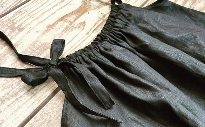 「リネン100％」サスペンダー付きギャザースカート 