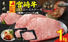 畜産農家応援! 宮崎牛ロースステーキ4枚 計1000g+豚肉ハンバーグ100g×4個_AE-N201-ESH