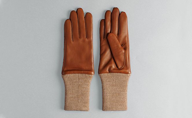レディース イタリアンレザーロングカフスグローブ ファッション 小物 イタリアンラムレザー ピケ縫い キャメル ニットカフス 