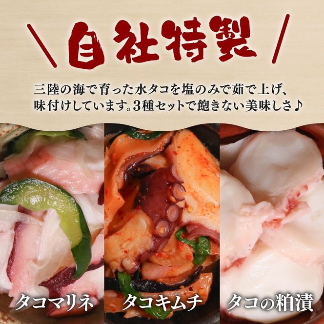 三陸 たこ三昧セット 3種［ キムチ / マリネ / 粕漬け ］1袋100g 各2p 蛸 たこ タコ キムチ 海鮮 魚貝類 魚介類 海産物 海鮮 魚介 魚介類 小分け 真空 味付き octopus 刺身 おさしみ 刺し身 切り身 ごはん おつまみ 酒の肴 酒 晩酌 国産 三陸 岩手県 大船渡市 [nomura048_1]