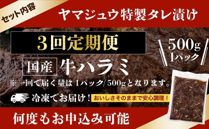 ヤマジュウの特製タレ漬け！牛ハラミ肉５００ｇ【３回定期便】_yj088