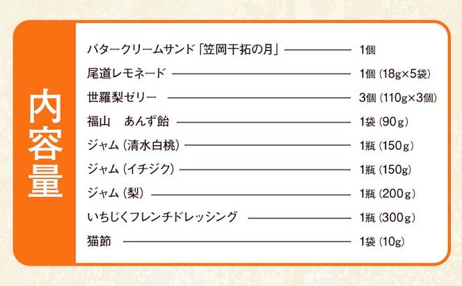 【びんご圏域連携】備後地区 人気のお土産詰合せセット 井笠コネクト株式会社《30日以内に出荷予定(土日祝除く)》バタークリームサンド 笠岡干拓の月 尾道レモネード 世羅梨ゼリー 福山 あんず飴 ジャム いちじくフレンチドレッシング 猫節---I-05---