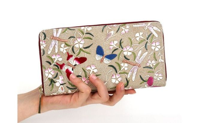 【文庫屋大関】 大容量　ぐるっとファスナーの長財布　撫子【皮革工芸品】 ファッション小物 民芸品 