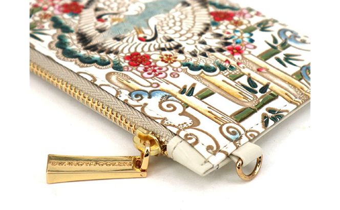 【文庫屋大関】すっきりカードケース　むかい鶴【皮革工芸品】 ファッション小物 雑貨 フラグメントケース 小銭入れ付き 収納 スマート 日本製 鳥 つる ツル 