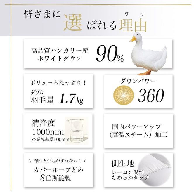 【アンバーホワイト】＜京都金桝＞羽毛布団 「ダブル」 ハンガリーホワイトダウン90％ 1.7kg アクア 日本製 冬用 ボリューム＞羽毛布団 「ダブル」 ハンガリーホワイトダウン90％ 1.7kg アクア 日本製 冬用 
