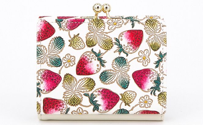 【文庫屋大関】三つ折りミニ財布　いちご【皮革工芸品】 ファッション 小物 民芸品 お札 カード 小銭 手のひらサイズ コンパクト 大人かわいい 牛革 手作り 国産 