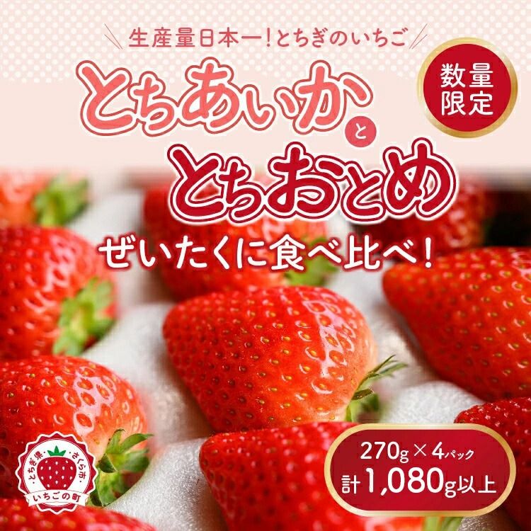新旧2種食べ比べセット(とちおとめ、とちあいか)270g×4パック 1.08kg以上|先行予約 数量限定 栃木県 果物 くだもの フルーツ 苺 イチゴ ※2026年1月上旬〜4月中旬頃に順次発送予定